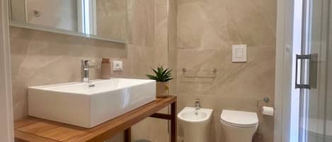 Shower, free toiletries, hair dryer, bidet