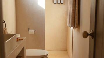 Shower, hair dryer, shampoo