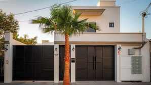 Una moderna casa a due piani con un portone da garage nero, una palma davanti e un armadio elettrico sulla destra.
