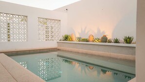 Una piscina con un design geometrico e diverse piante grasse e cactus.
