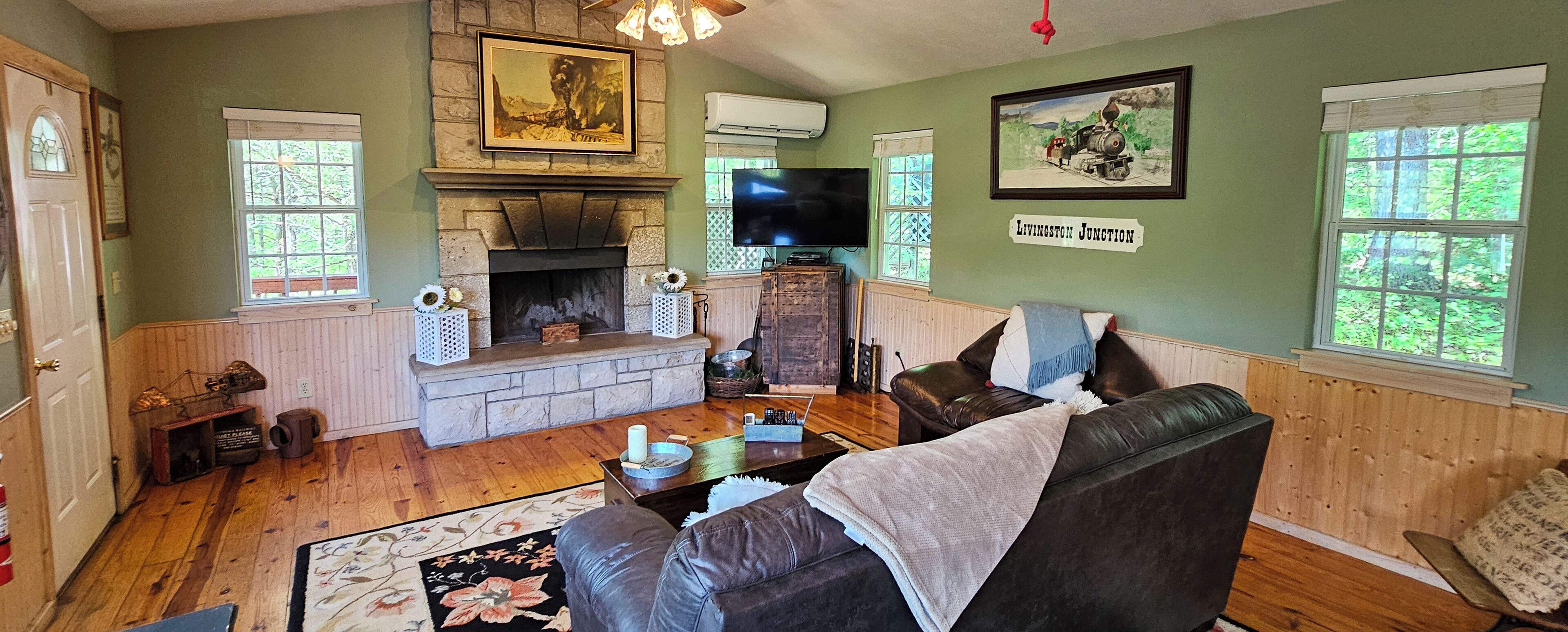 Smart TV, fireplace, DVD player, books