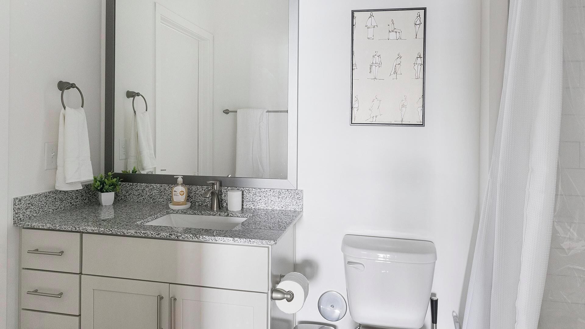 Ein Badezimmer mit einer Granitplatte, einem weißen Waschbecken, einem Spiegel, einer Toilette und einem gerahmten Kunstwerk an der Wand.