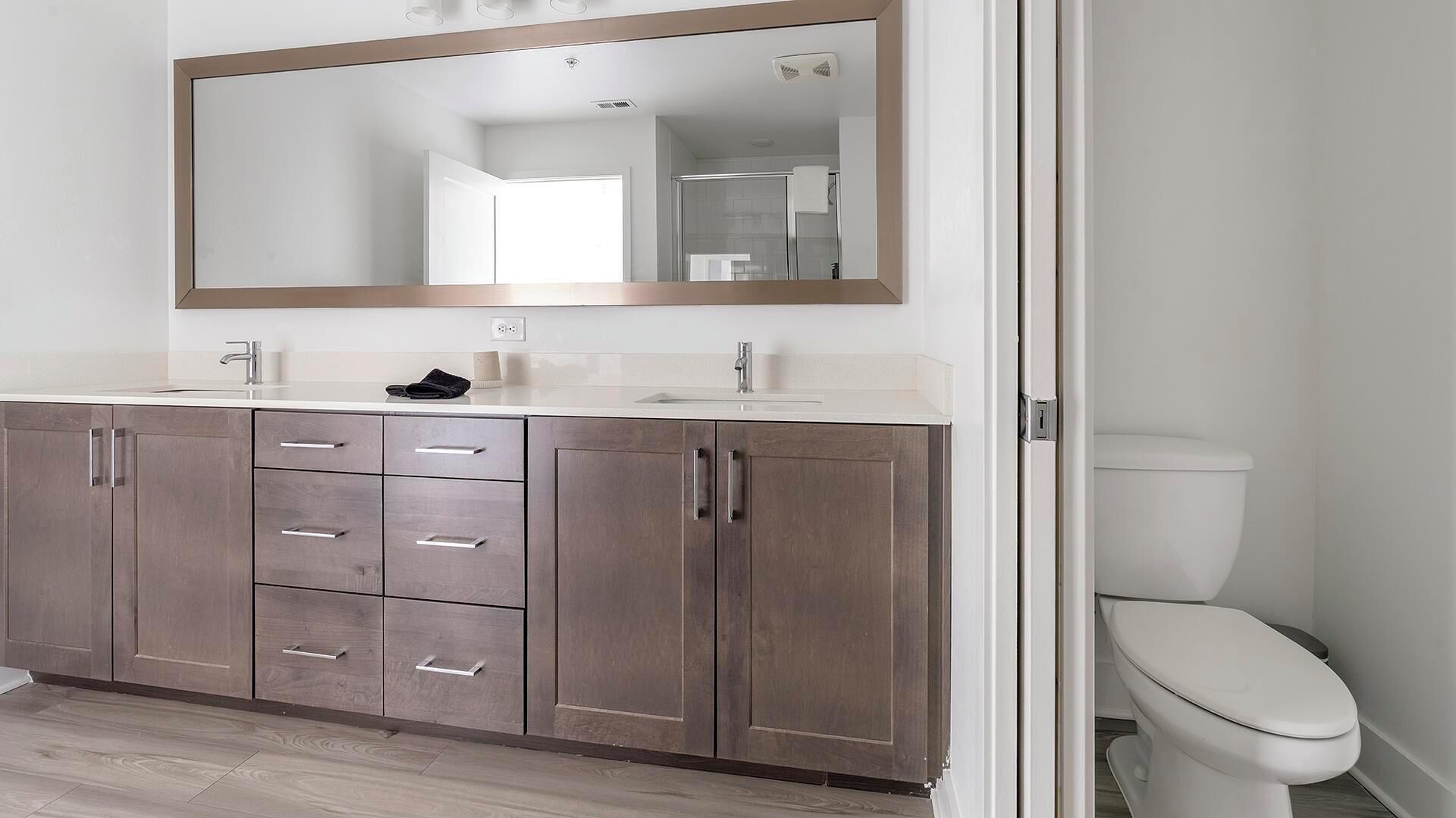 Un baño con inodoro blanco, un espejo grande y un mueble de tocador de madera con cajones.