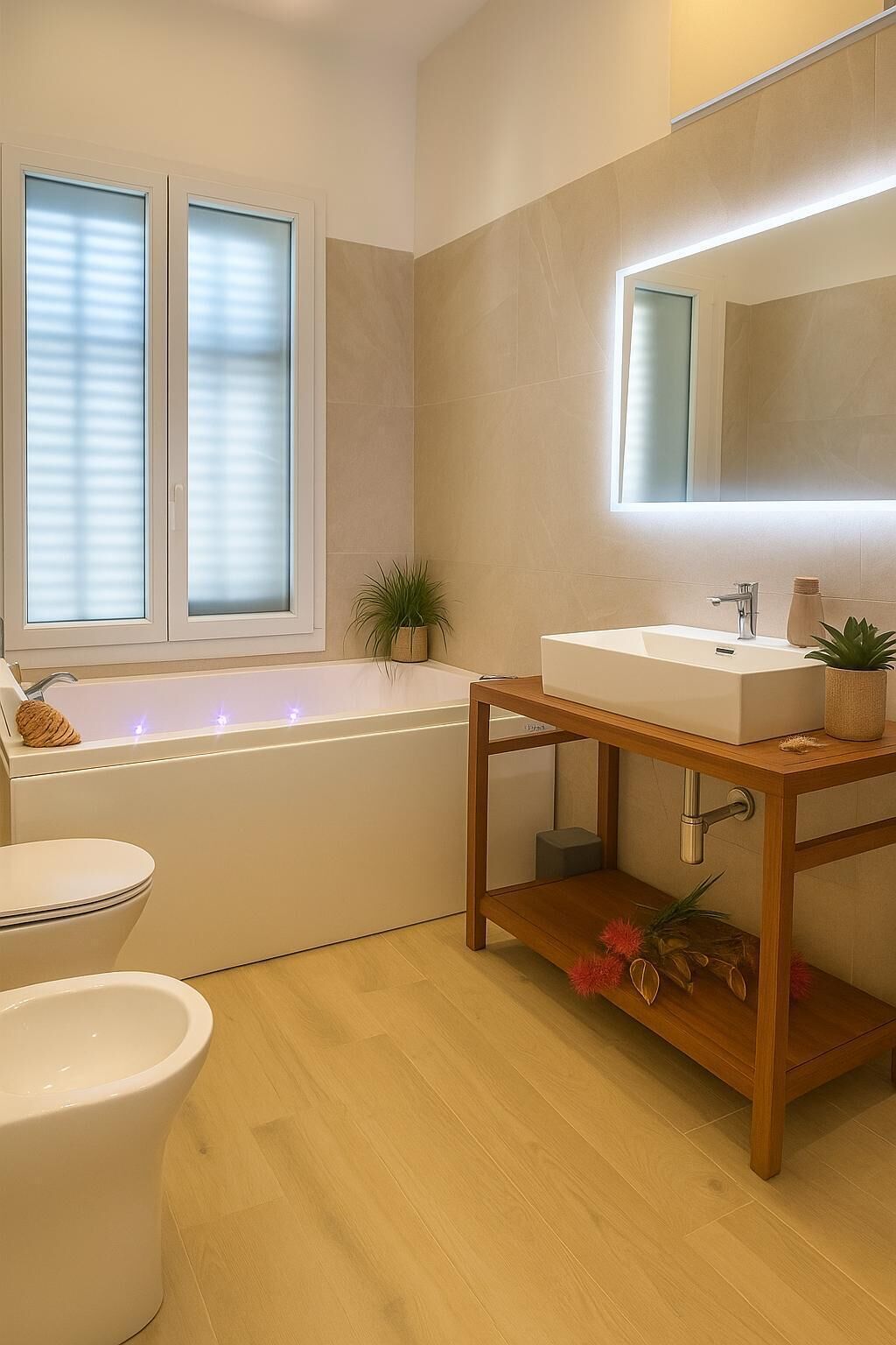 Shower, jetted tub, hair dryer, bidet