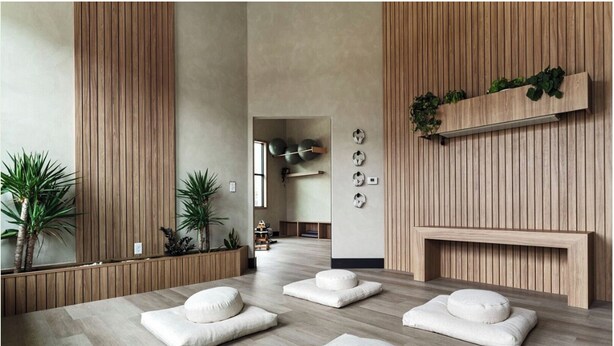 Een moderne spa ruimte met houten lambrisering, een receptiebalie en een zithoek met kussens.