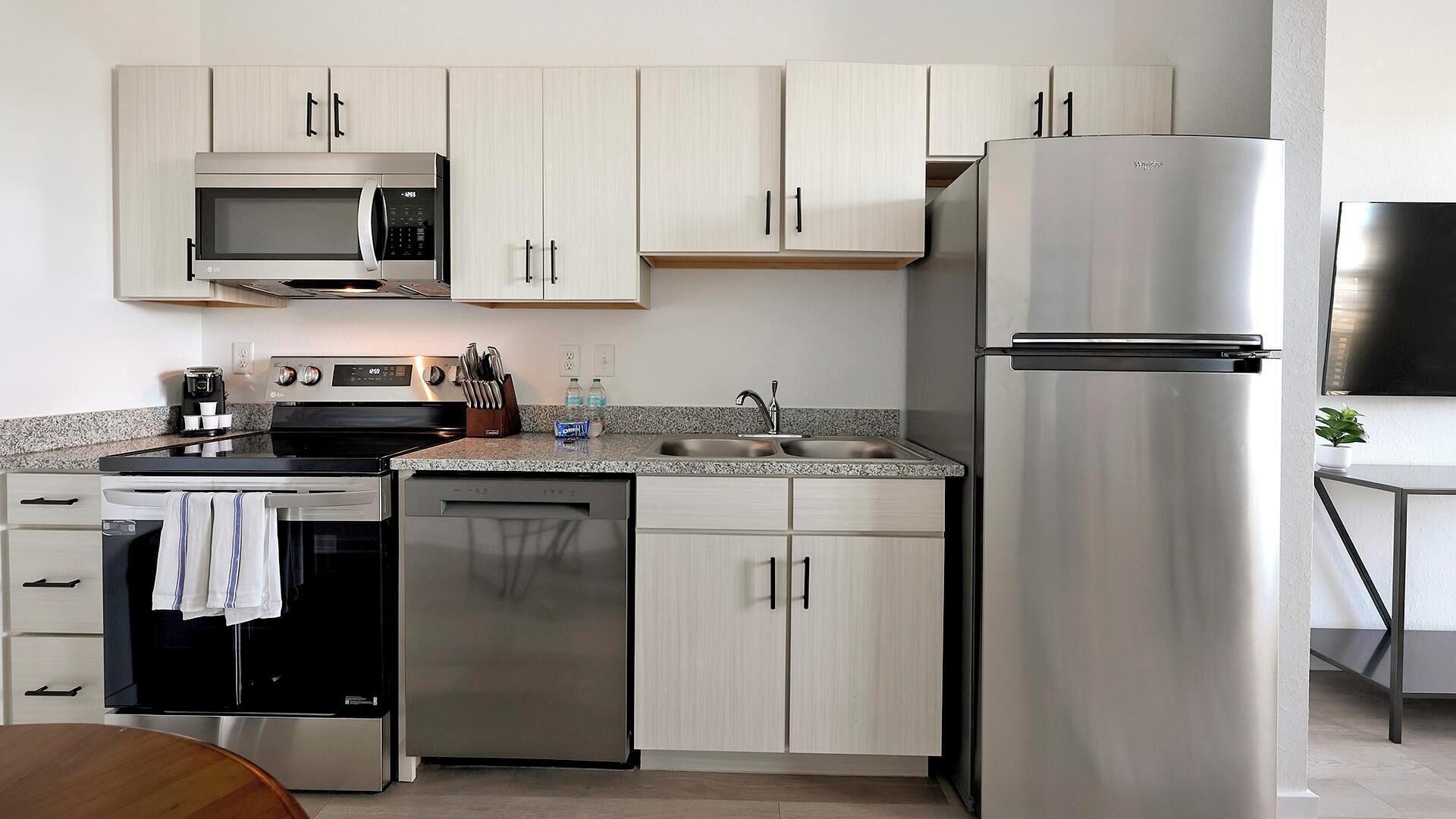 Fridge, dining tables