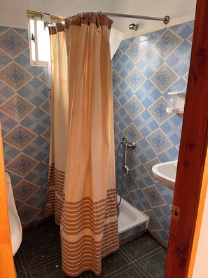Shower, hair dryer, soap, toilet paper