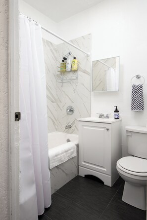 Douche, séchoir à cheveux, bidet, serviettes fournies