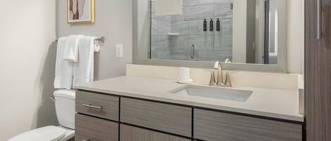 A modern bathroom with a toilet, a sink, and a mirror.