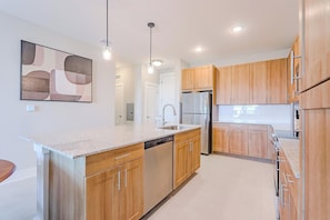 Fridge, dining tables - Landing | Stylish 1BD, Gym, Pool (Palm Bay)