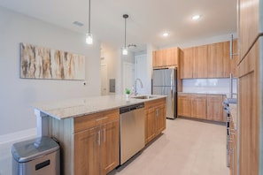 Fridge, dining tables - Landing | Stylish 1BD, Gym, Clubhouse (Palm Bay)