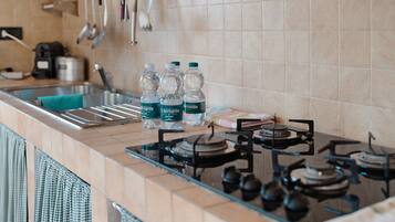 Een koelkast, een oven, een kookplaat, een koffiezetapparaat/waterkoker