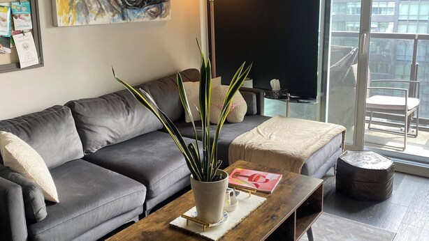 A modern living room with a dark leather sofa, a wooden coffee table with a potted plant, and a large abstract painting on the wall. - Modern Artistic Loft 5 minutes to Distillery District. Pet-Friendly! (Toronto)