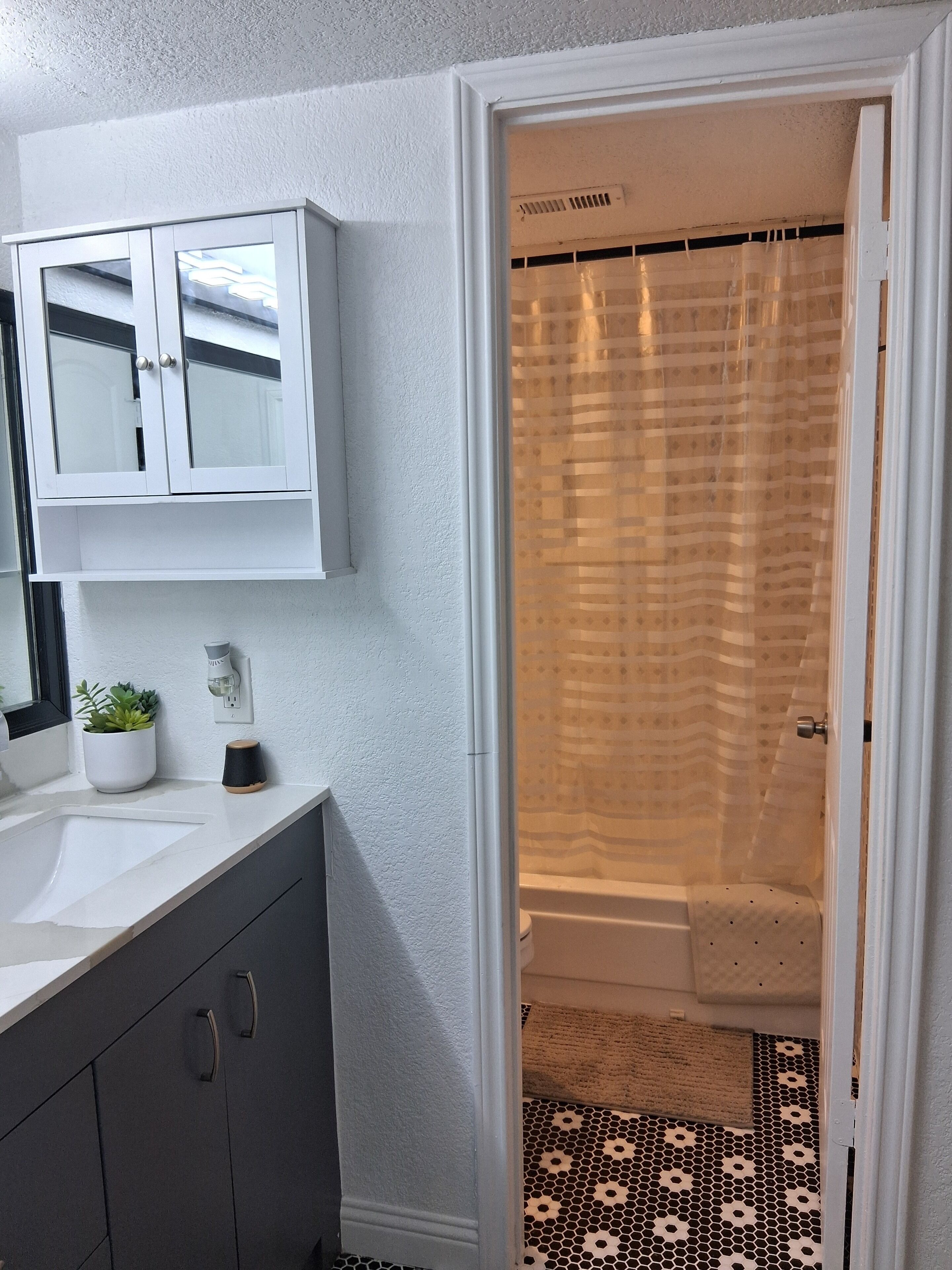 Hair dryer, towels, soap, toilet paper