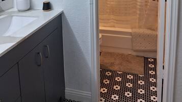 Hair dryer, towels, soap, toilet paper