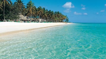 A beach with clear turquoise water, white sand, and palm trees.