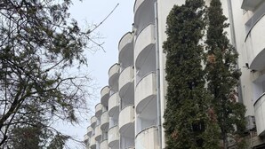 Une rangée de voitures garées le long d’un trottoir bordé d’arbres, devant un immeuble doté de nombreux balcons.