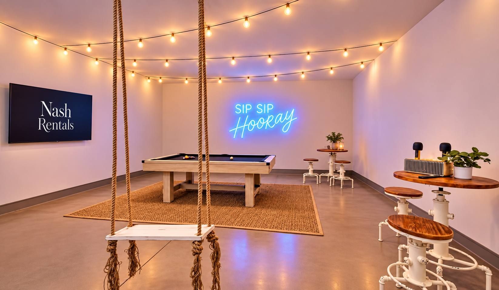 A pool table in a room with a neon sign that reads 'SIP SIP Hockey'.
