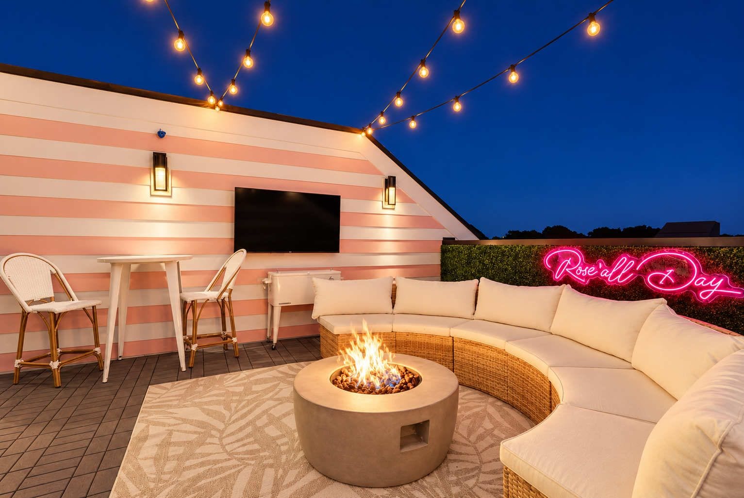 A rooftop terrace with a curved sofa, a fire pit, string lights, and a neon sign.