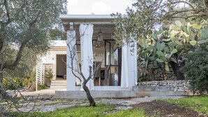 Un bâtiment blanc avec des colonnes, un mur en pierre et un cactus.