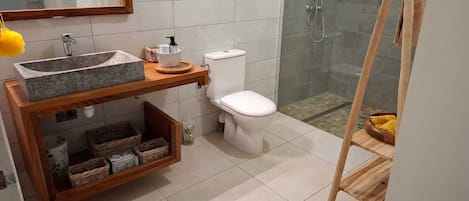 Douche, séchoir à cheveux, serviettes fournies, papier de toilette
