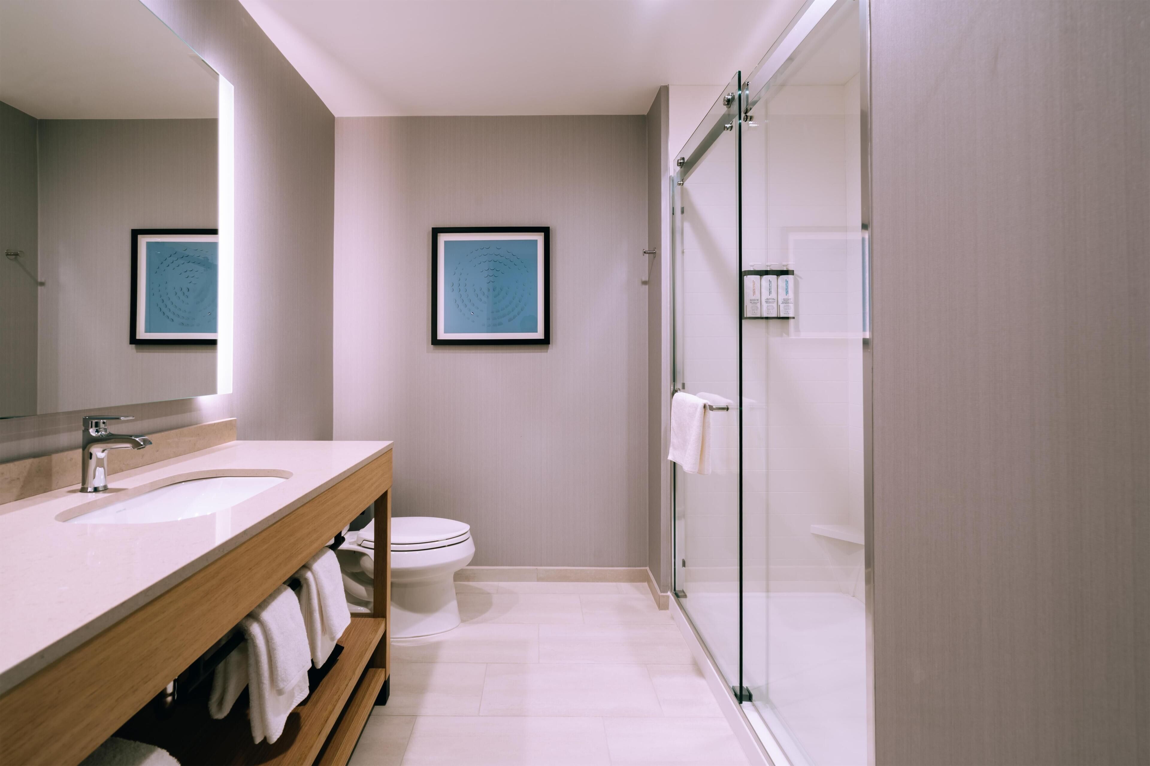 Un bagno moderno con uno specchio grande, due opere d'arte incorniciate, un water e una cabina doccia in vetro.