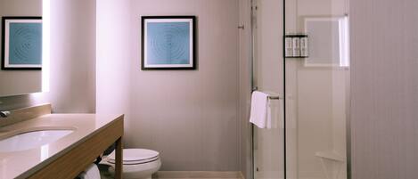 Un baño moderno con cabina de ducha de vidrio, inodoro y lavamanos con espejo.