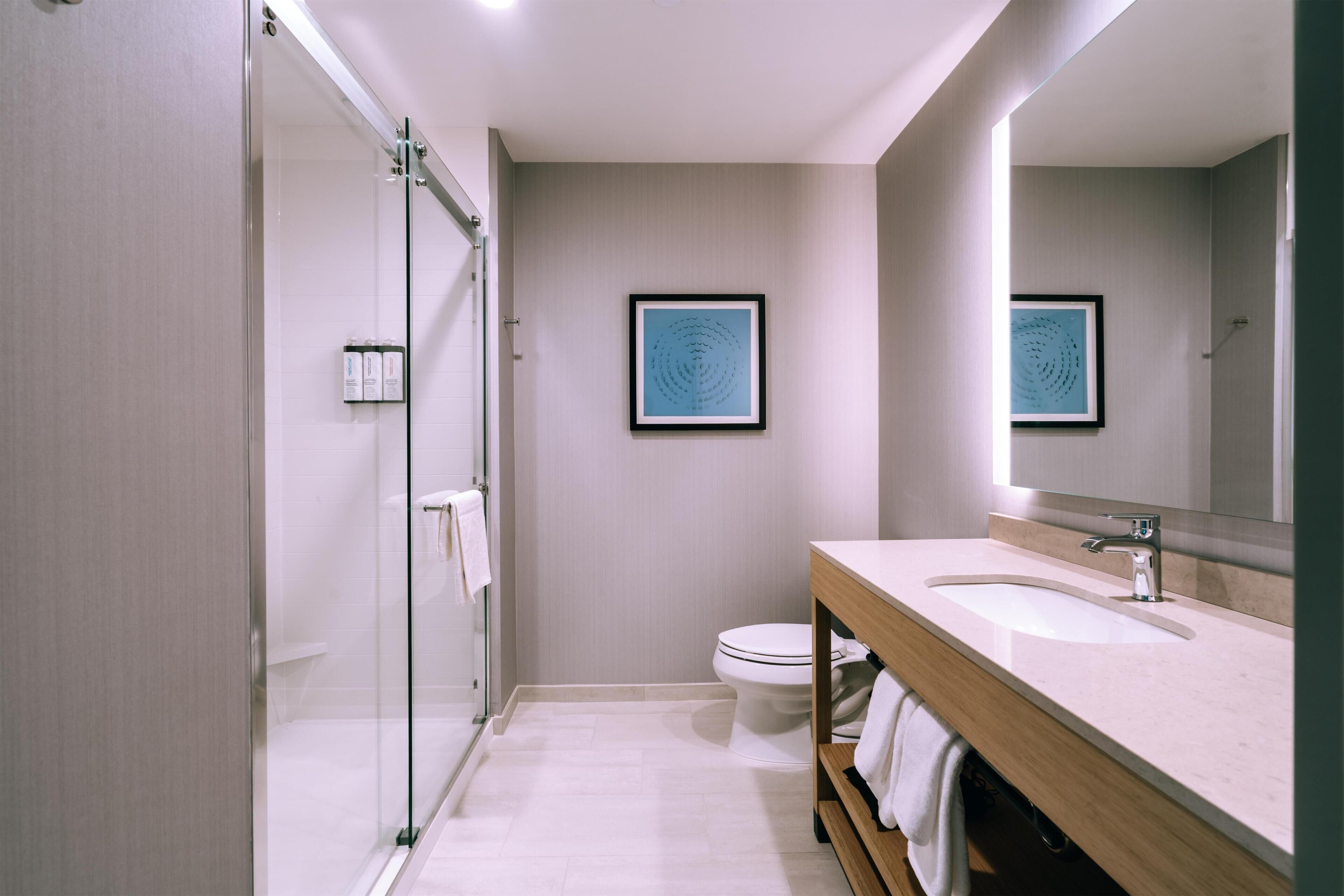 Un baño moderno con cabina de ducha de vidrio, inodoro, lavamanos con espejo y dos cuadros enmarcados.