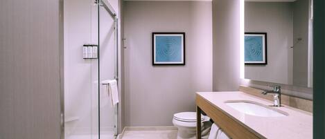 Un baño moderno con cabina de ducha de vidrio, inodoro, lavamanos con espejo y dos cuadros enmarcados.
