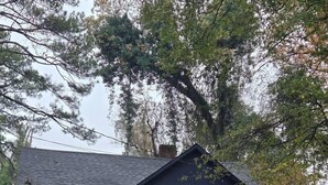 A white house with a black roof, a stone wall, and a mailbox. - Charming 3-bedroom house with WiFi and AC in marvelous Atlanta (Atlanta)
