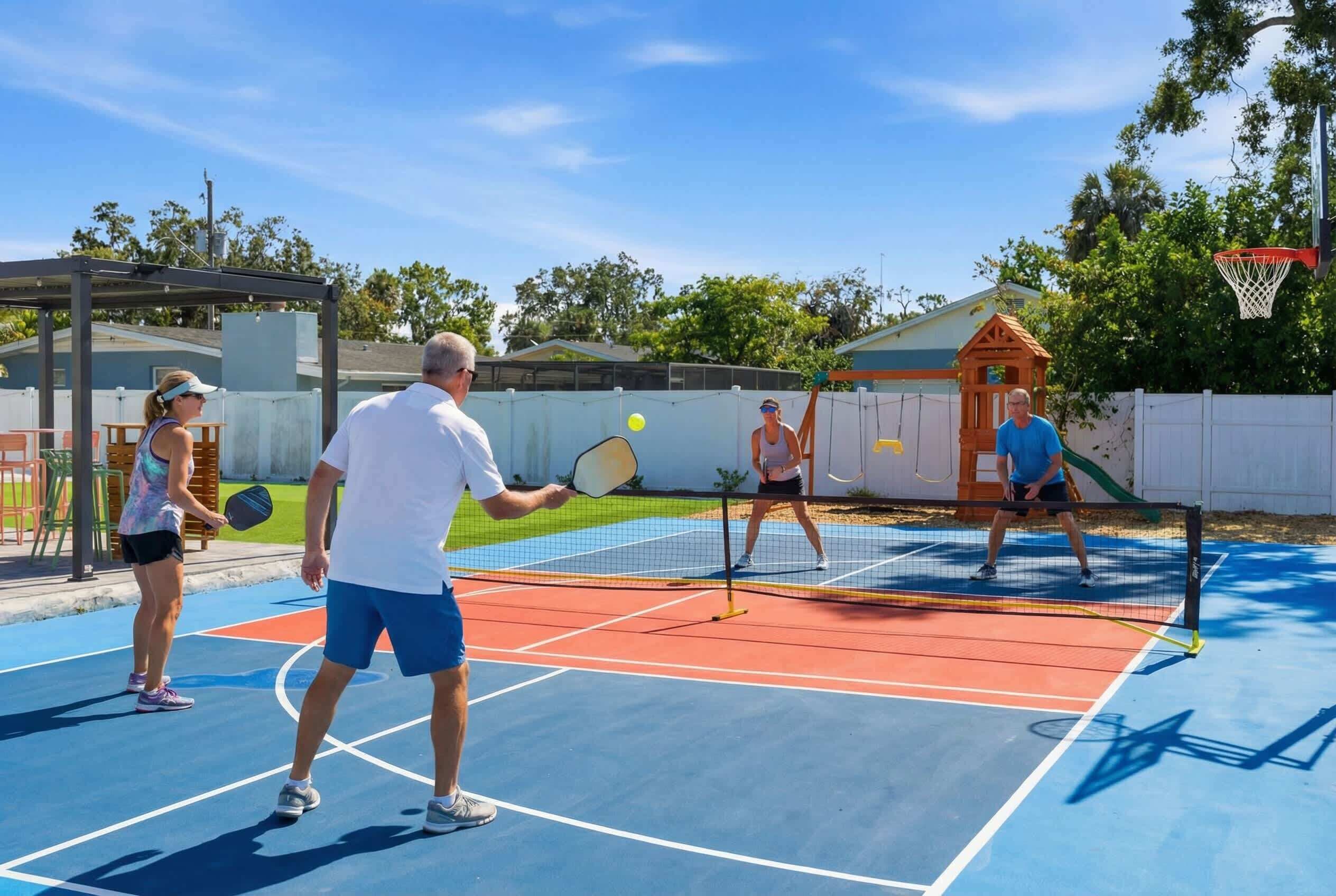 Una cancha de tenis con una red, un aro de baloncesto y una pequeña construcción de madera.
