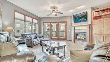 Televisión, chimenea, libros