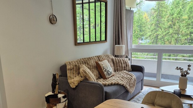 En moderne stue med en grå sofa, et træbord og udsigt til træer gennem vinduet.