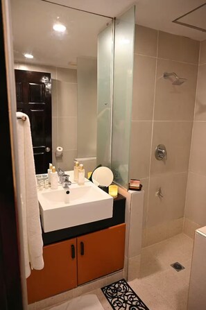 Suihku, hiustenkuivaaja, pyyhkeet, saippua