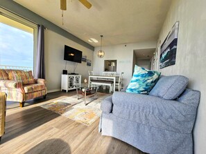 Condo, Multiple Beds, Patio, Ocean View (Wave Watch) | Living area - Breathtaking 5th Floor Ocean Views. Corner Unit Wraparound Balcony! 3 Pools (Palm Coast)