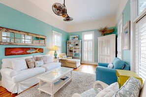 Cottage, Multiple Beds, Pool Access, City View (True Knot Cottage) | Living area - Charleston-style Cottage w/ Lovely Decks, Steps to the Beach & Pools (St. Simons Island)
