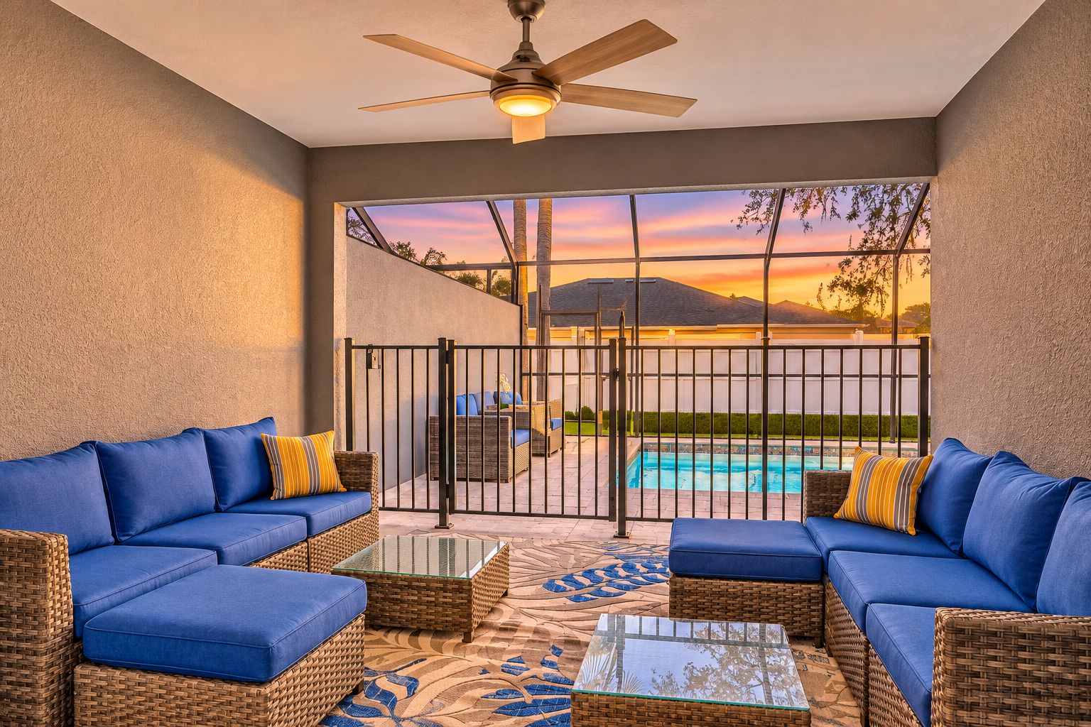 A covered patio with two blue sofas, a glass coffee table, and a ceiling fan.