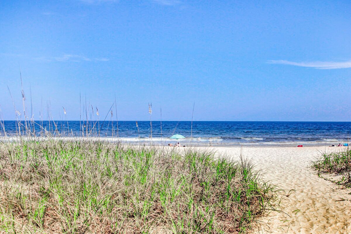 A sandy beach with a clear blue sky and ocean.