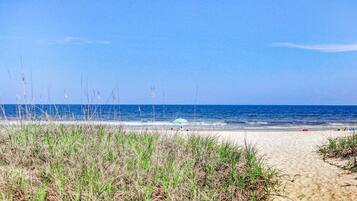 A sandy beach with a clear blue sky and ocean.