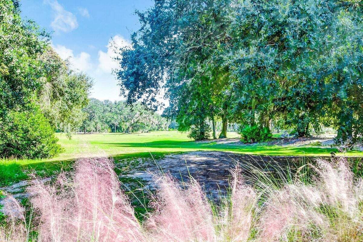 En golfbana med en välskött gräsmatta, träd och högt gräs.