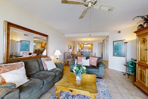 Condo, Multiple Beds, Patio, Beach View (1860-61 Turtle Dunes) | Living area - Attractive Home Steps From Ocean With Pool, Central AC, Deck & Fast Wifi (Fernandina Beach)