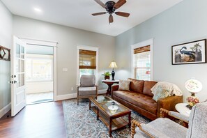 House, Multiple Beds, Patio, Garden View (Audubon Cottage) | Living area - Classy Cottage With a Washer/dryer, Central AC, & Fast Wifi - Near Beaches (St. Augustine)