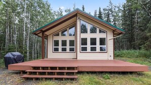 A cabin with a porch, large windows, and a covered grill area.