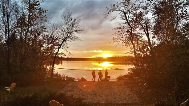 A lakeside view with chairs facing the water, a netted area, and people standing by the water's edge. - Lakeside Memories Await at Trenanthia's Cahoots Cottage (Gravenhurst)