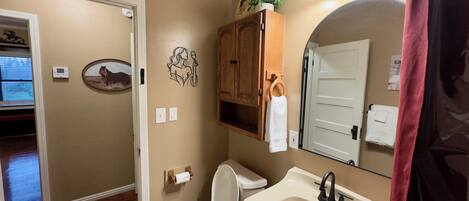 A bathroom with a toilet, sink, and wooden cabinet.
