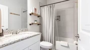 A modern bathroom with a shower, toilet, and vanity.