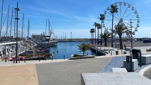 Un puerto deportivo con barcos, una noria y un cielo azul despejado.