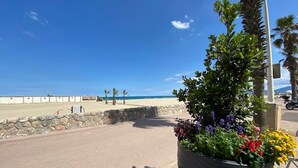 Une route côtière bordée d’un muret en pierre, agrémentée de jardinières fleuries, et offrant une vue dégagée sur la plage et l’océan.
