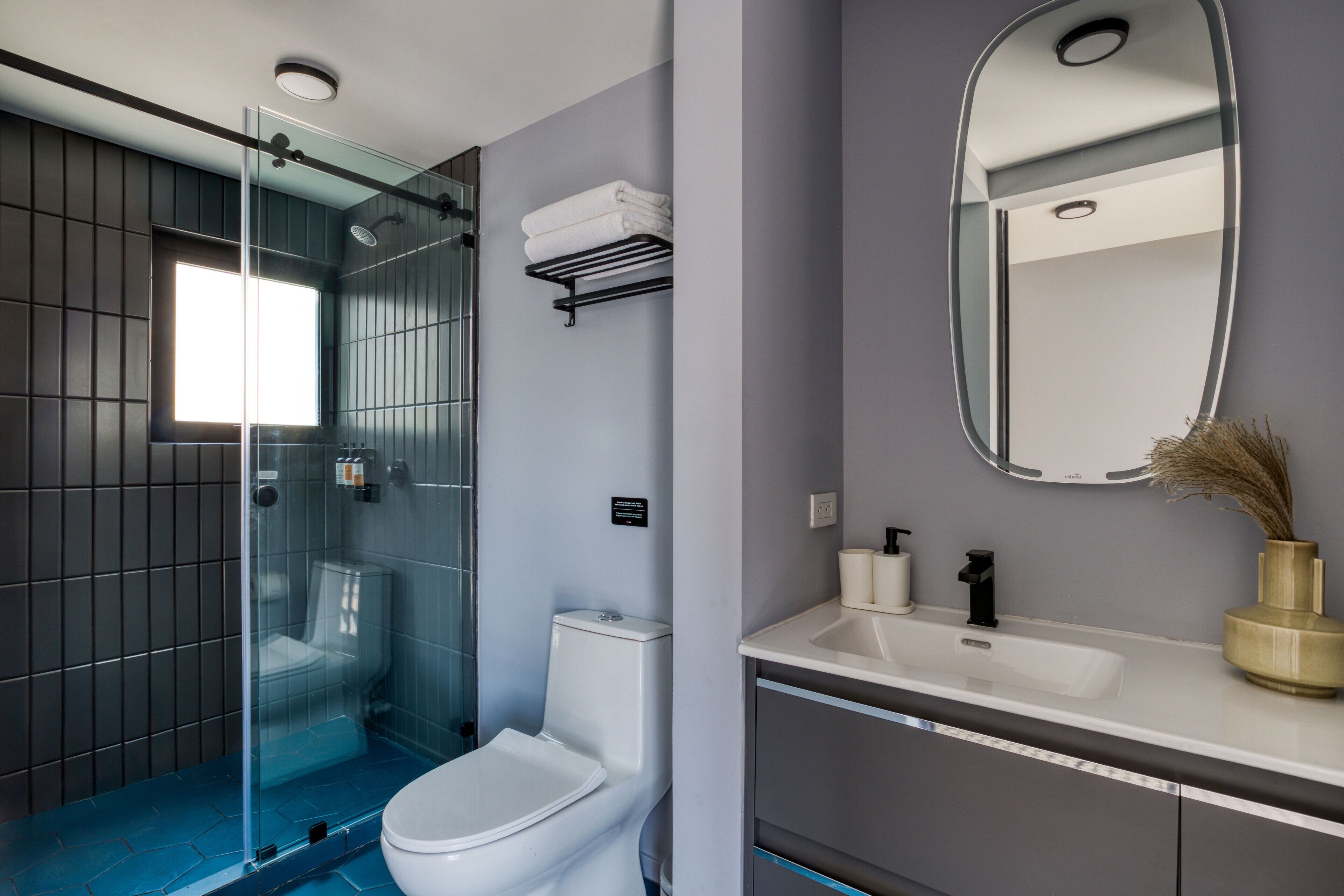 A modern bathroom with a glass-enclosed shower, a white toilet, and a vanity with a mirror.