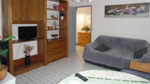 A living room with a grey sofa, wooden shelving unit, a flat-screen TV, and a chandelier. - Bright 2-room apartment with private parking at Canet-Plage (Canet-Plage)